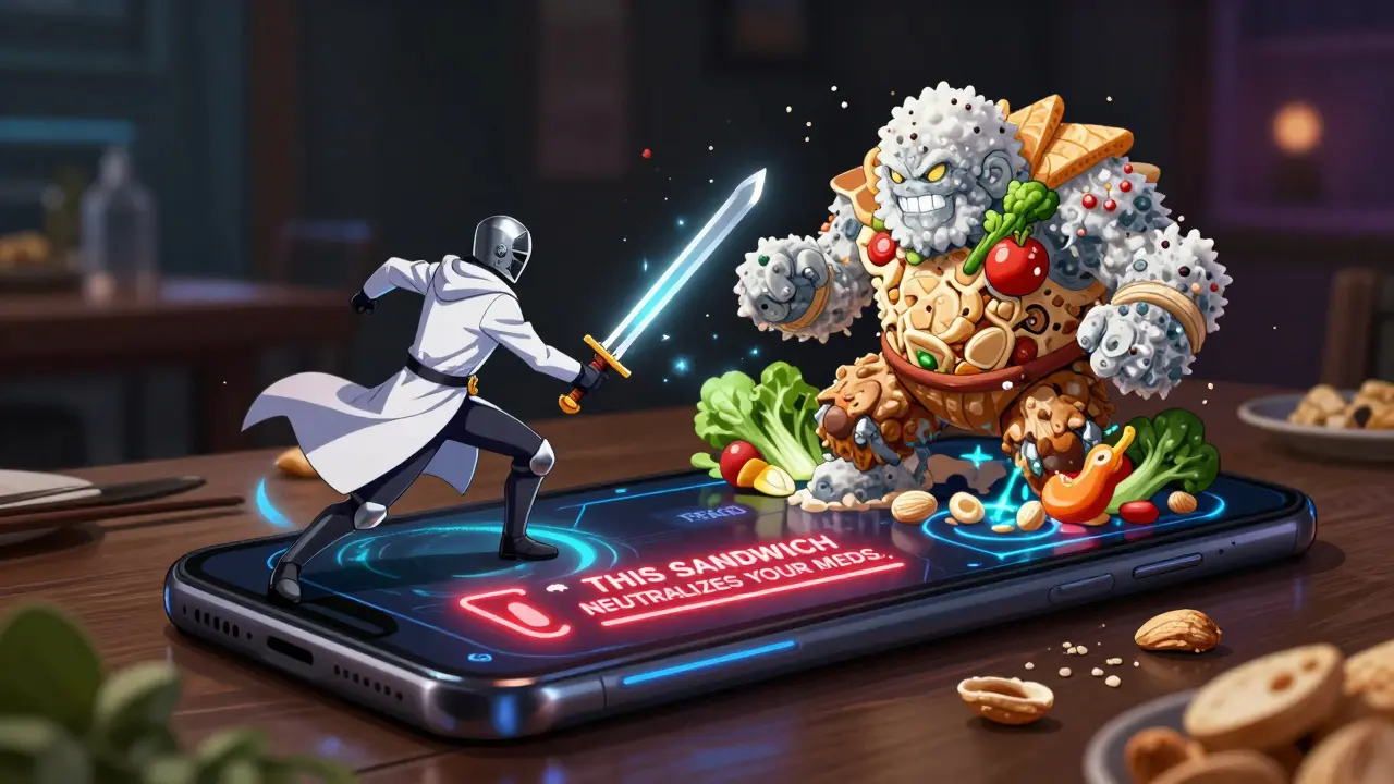 A smartphone alerts about sodium danger while a knight battles a salt golem in fantasy anime style.