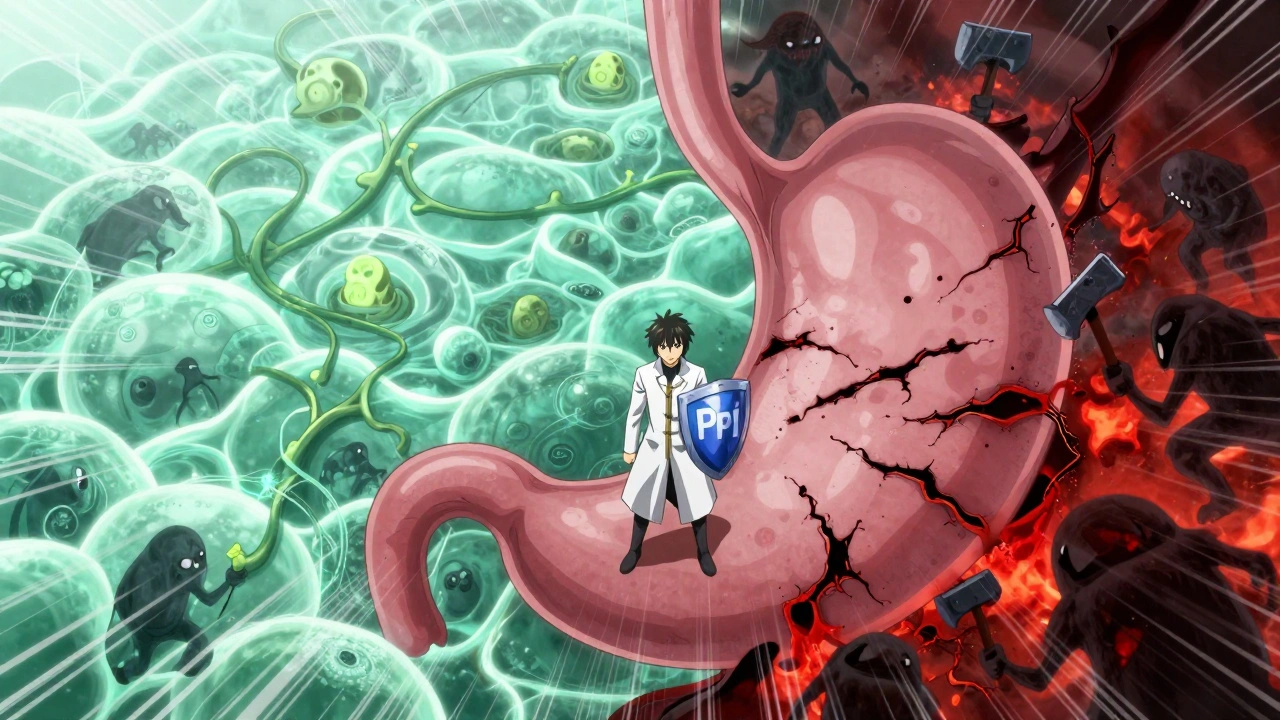 A surreal stomach battlefield with healing landscape versus NSAID destruction, guarded by a PPI-wielding warrior.