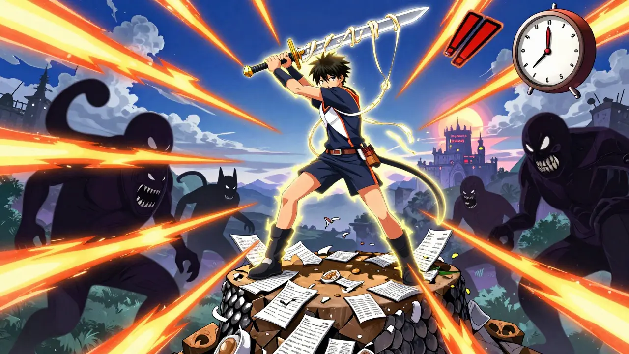 A warrior fighting hunger hormones on a crumbling diet plateau, wielding a protein sword under a rising sun.