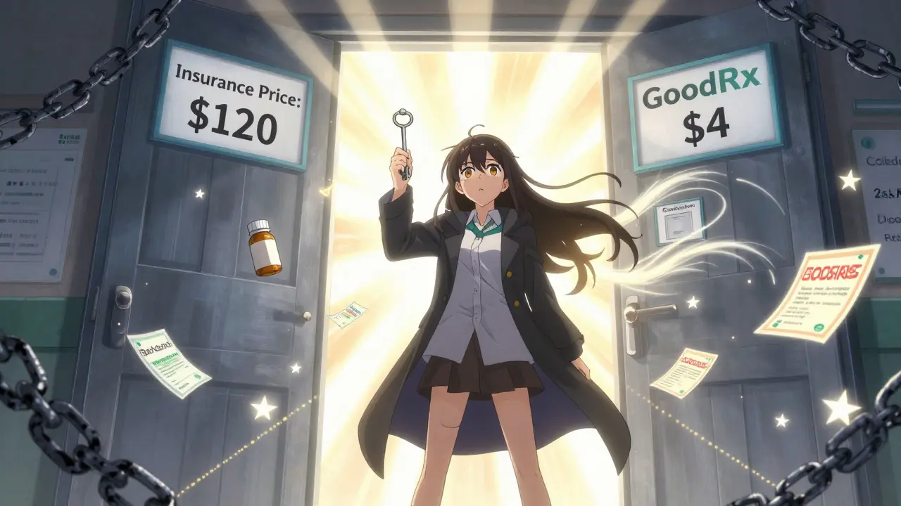 A woman choosing between two pharmacy doors—one expensive, one affordable—with glowing price tags.