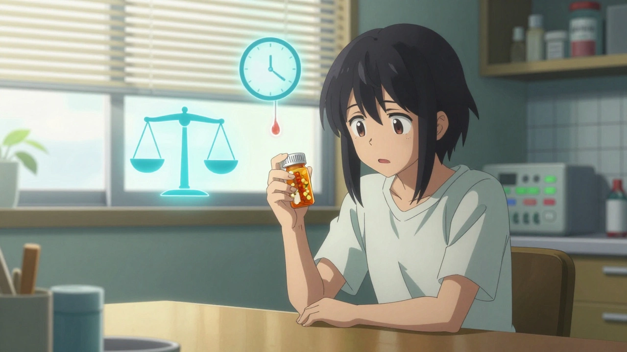 A young person at a kitchen table with floating symbols of weight gain, insomnia, and low sodium levels under morning light.