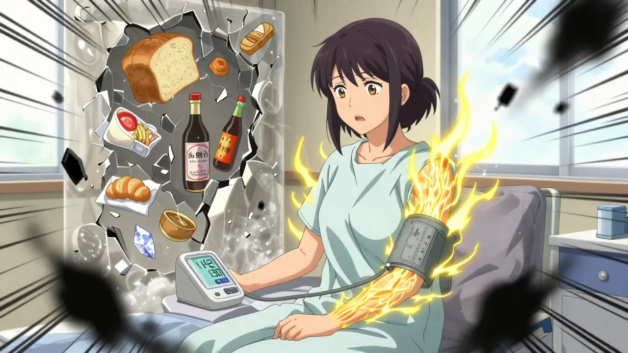 An elderly woman’s blood pressure drops dramatically as salt crystals shatter around her in anime style.