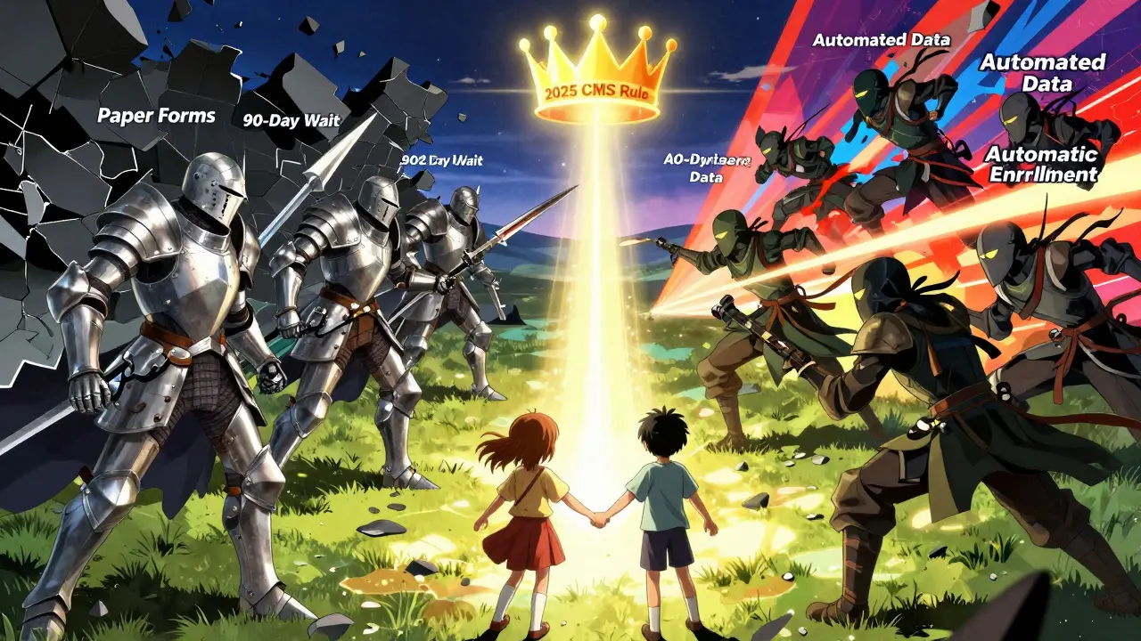 Armored bureaucracy knights battle agile data ninjas in a symbolic war over child healthcare access, with a glowing 2025 rule above.