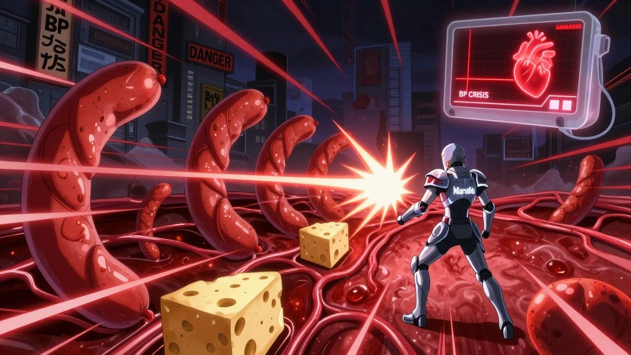 Battle inside blood vessels between tyramine monsters and MAOI warrior, glowing veins and warnings.