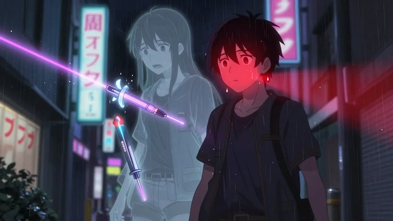 Character walking at night with glowing red face, magical treatment symbols floating nearby.