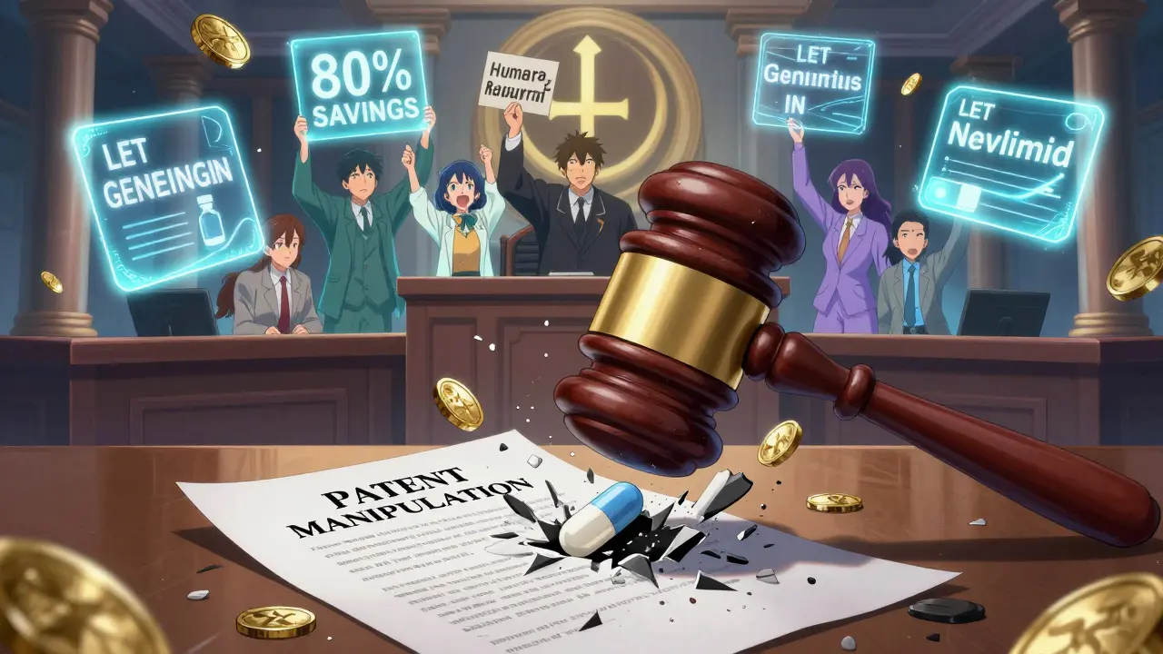 Courtroom scene with pill gavel crushing patent manipulation contract