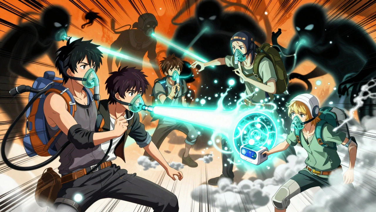 Diverse characters battling breath-stealing wraiths using different CPAP masks as magical weapons in a dreamlike fantasy realm.