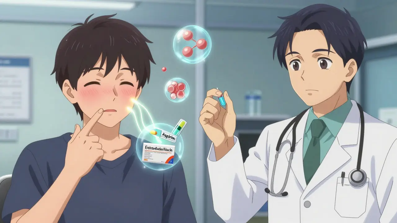 Doctor showing two pills to a patient with glowing energy lines representing flushing reduction.