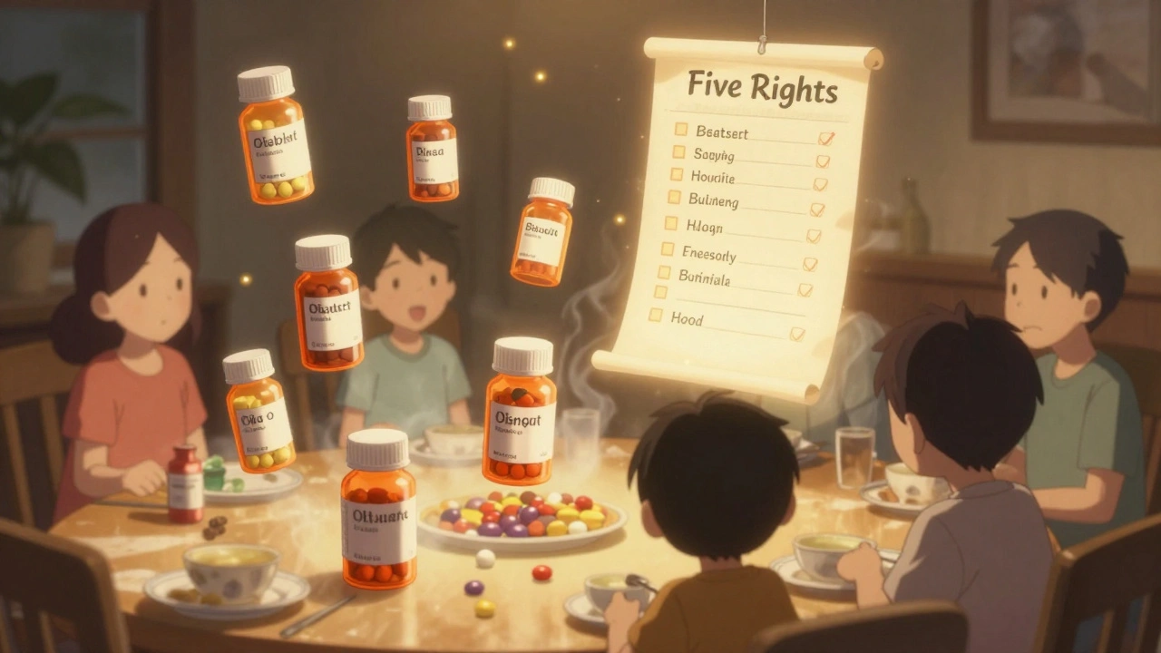 Family dinner with floating pill bottles and a sacred checklist of medication safety rules hovering above.