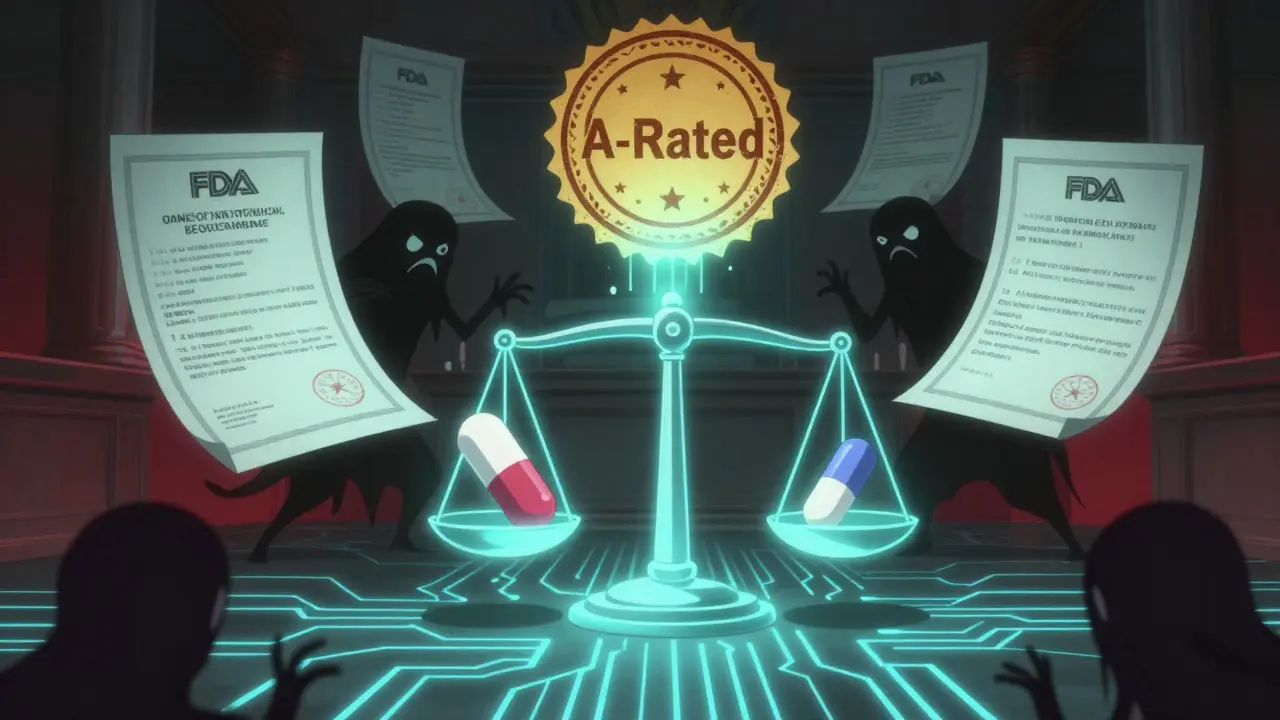 FDA approval scrolls balancing brand and generic pills in a digital courtroom, doubt creatures dissolving.