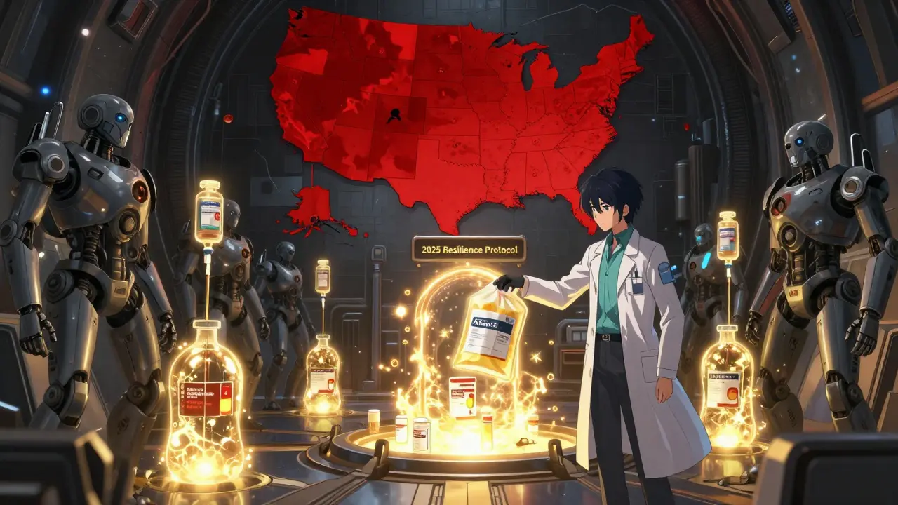 Glowing emergency drug vault protected by robots under a map of disaster zones in anime style