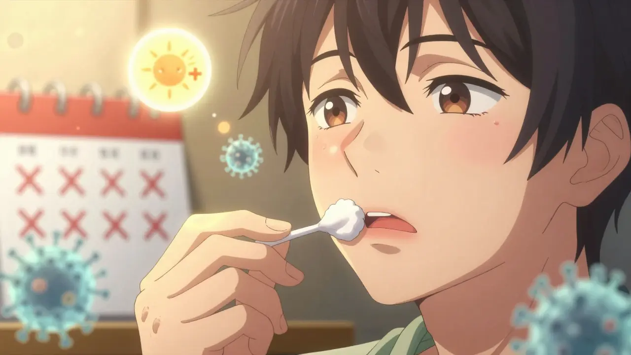 Hand applying cream to a healing cold sore as virus particles dissolve into light.