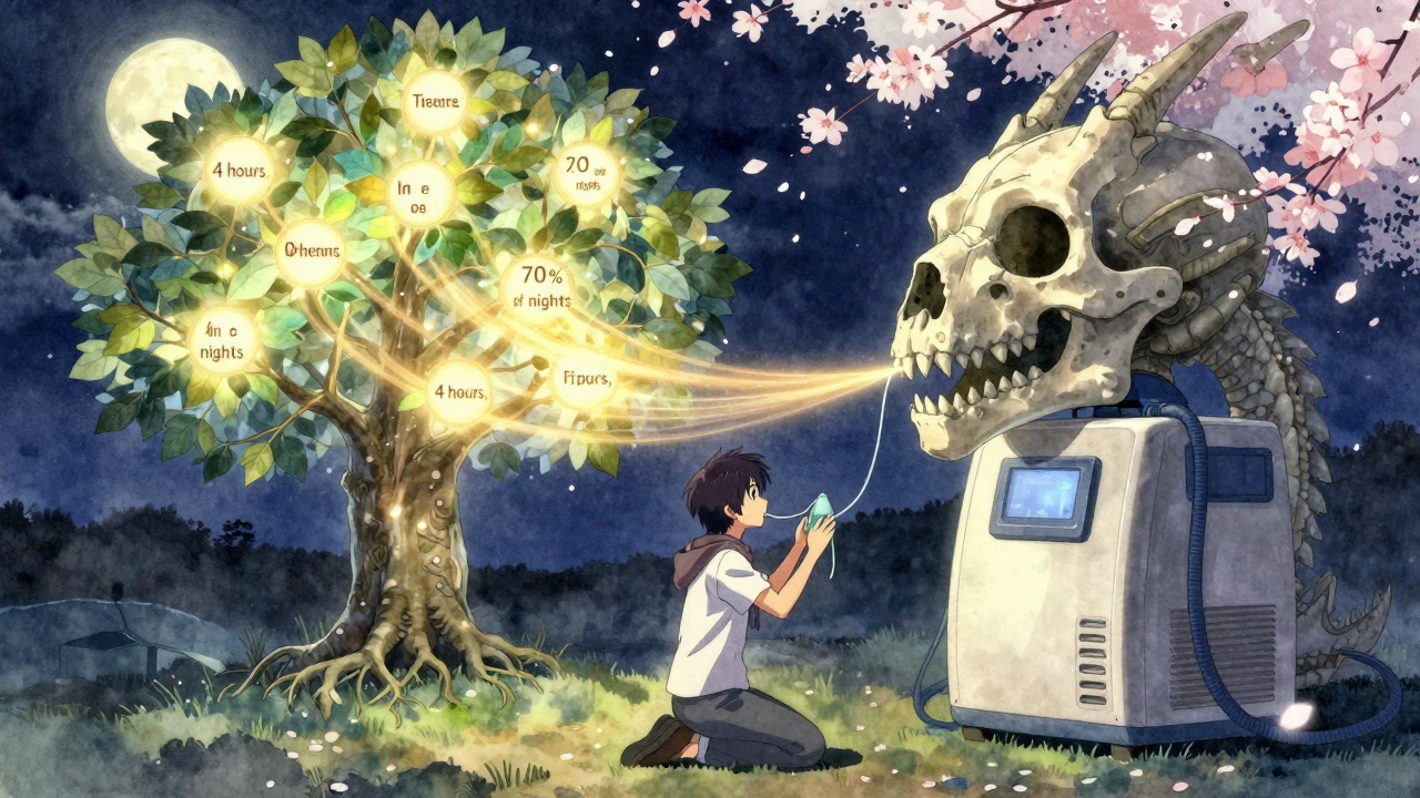 Hero kneeling before a dragon-shaped CPAP machine, receiving golden breath through a nasal pillow as a tree of adherence grows behind them.