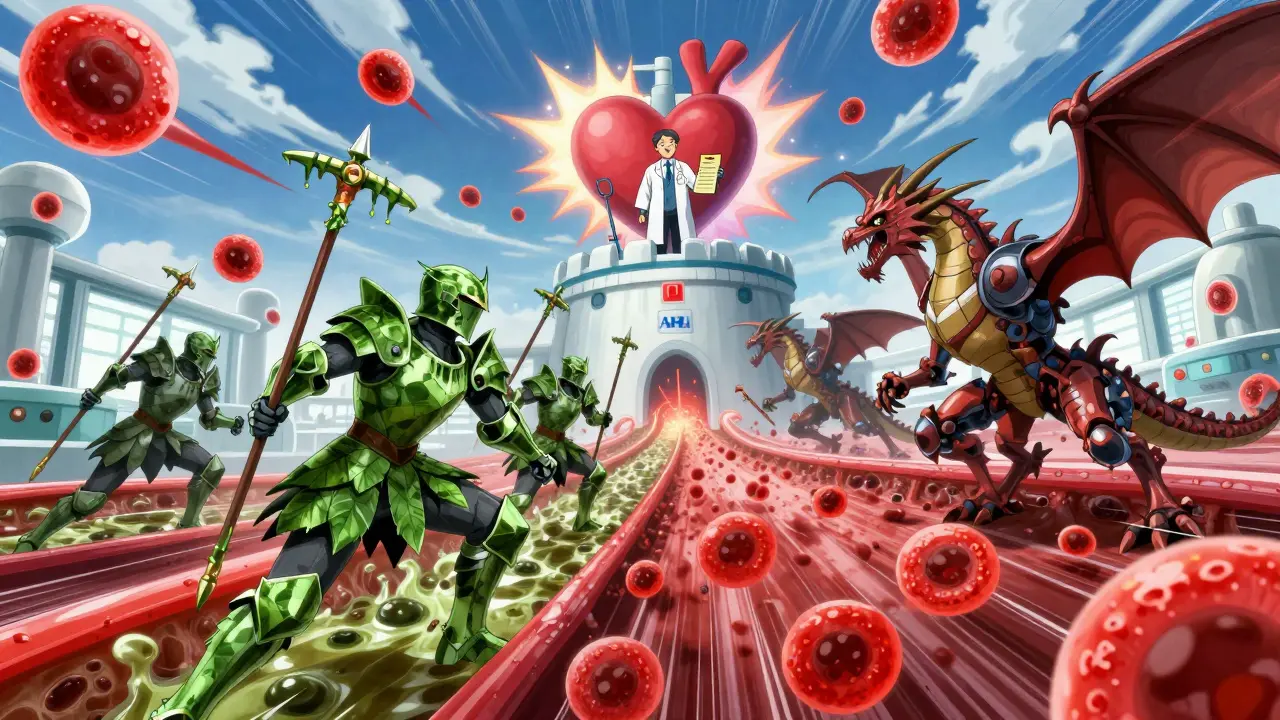 Knights of chlorogenic acid battle caffeine dragons inside a vein, with a doctor watching from a heart-shaped fortress.