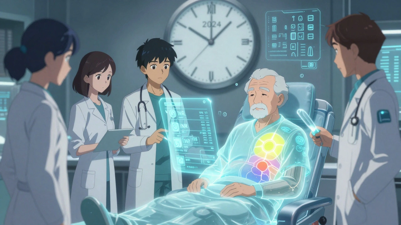 Medical team monitoring elderly patient with holographic bio-readouts and glowing safety zones.