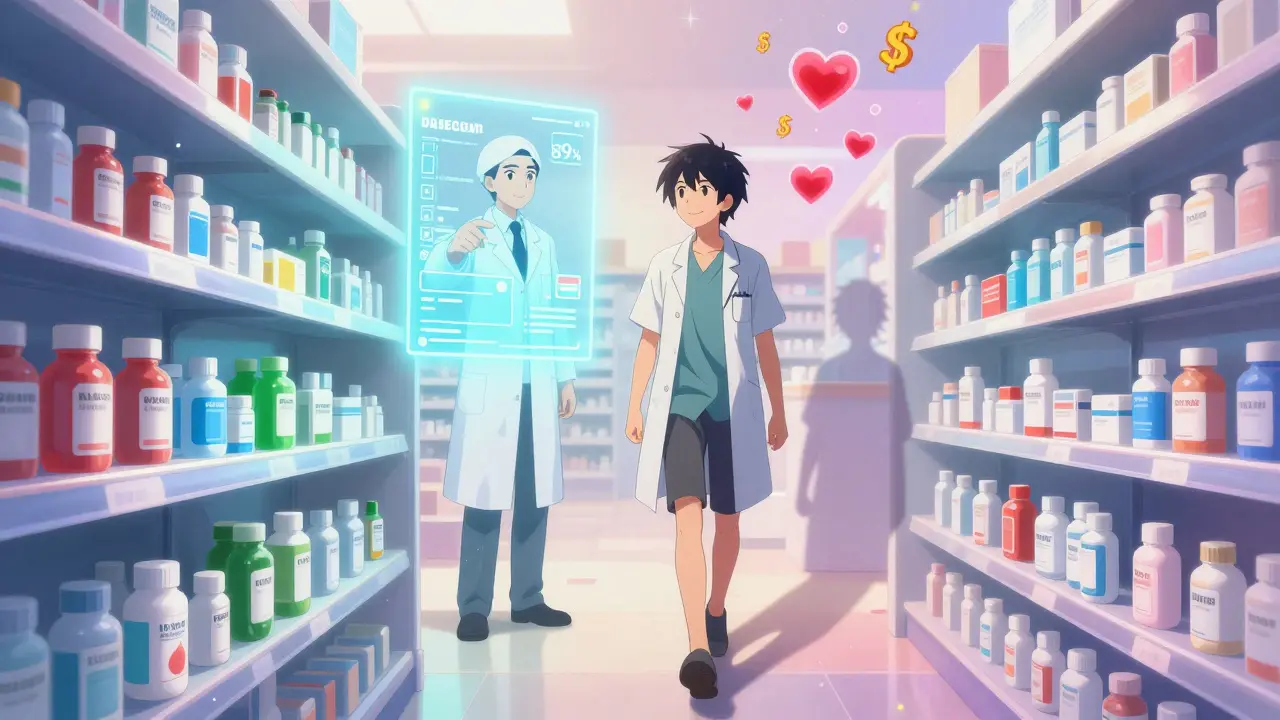 Patient walking through glowing pharmacy shelves, hologram doctor points to 89% equivalence chart.