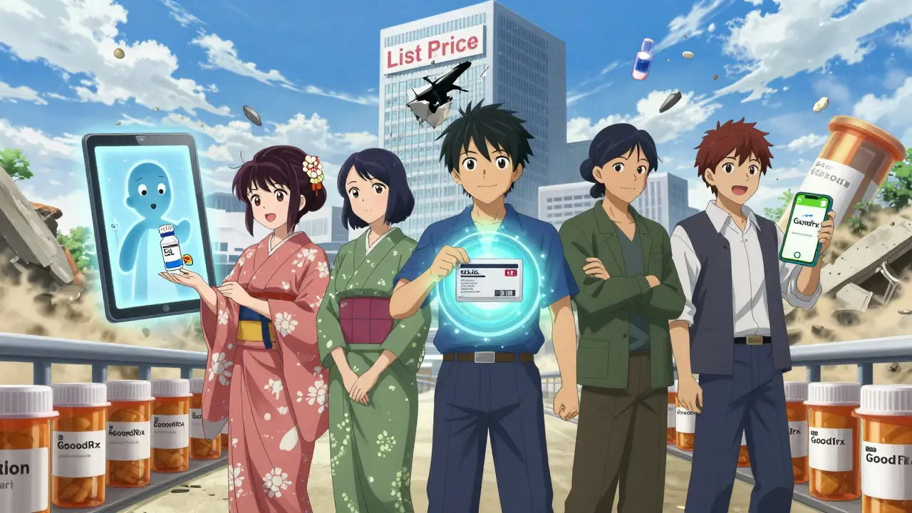 Patients from different countries walk a bridge of pills, each receiving medication suited to their nation's system.