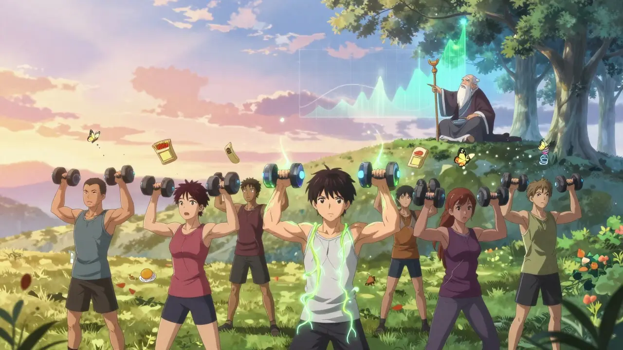 People lifting glowing weights as food logs turn to butterflies, with a wise mentor pointing to a balanced energy horizon.