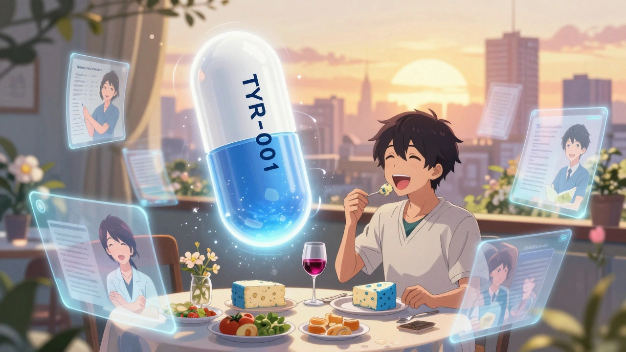 Person eating previously forbidden foods safely with glowing enzyme capsule and hopeful sunrise.