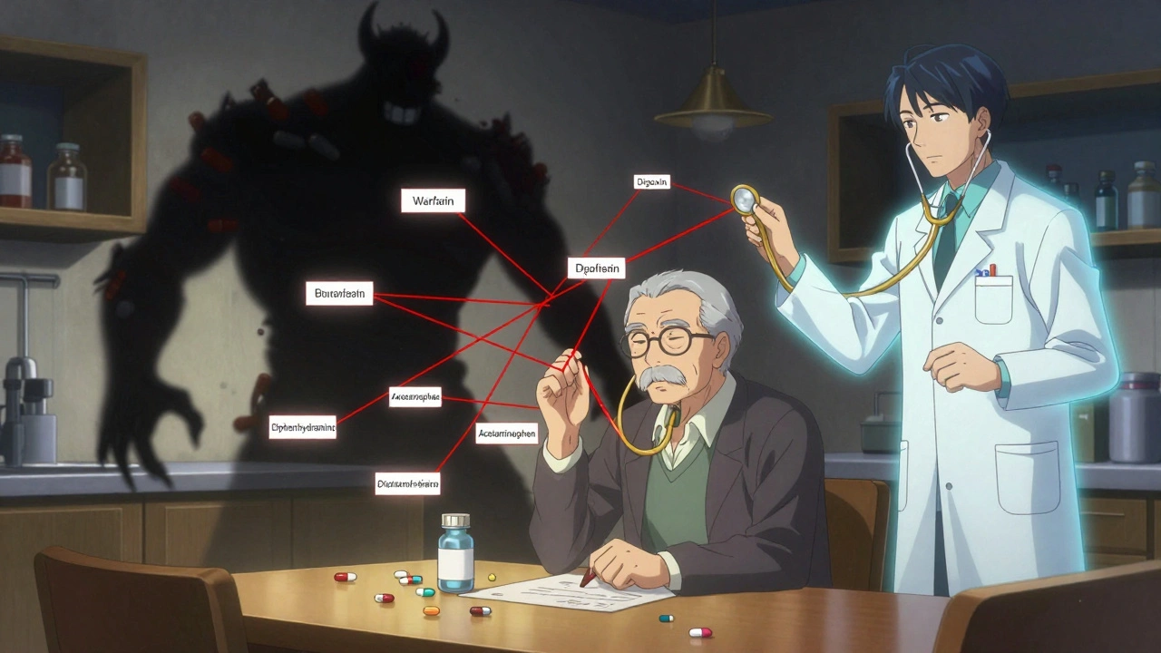 Senior man surrounded by dangerous pill web, pharmacist unraveling it with golden stethoscope.