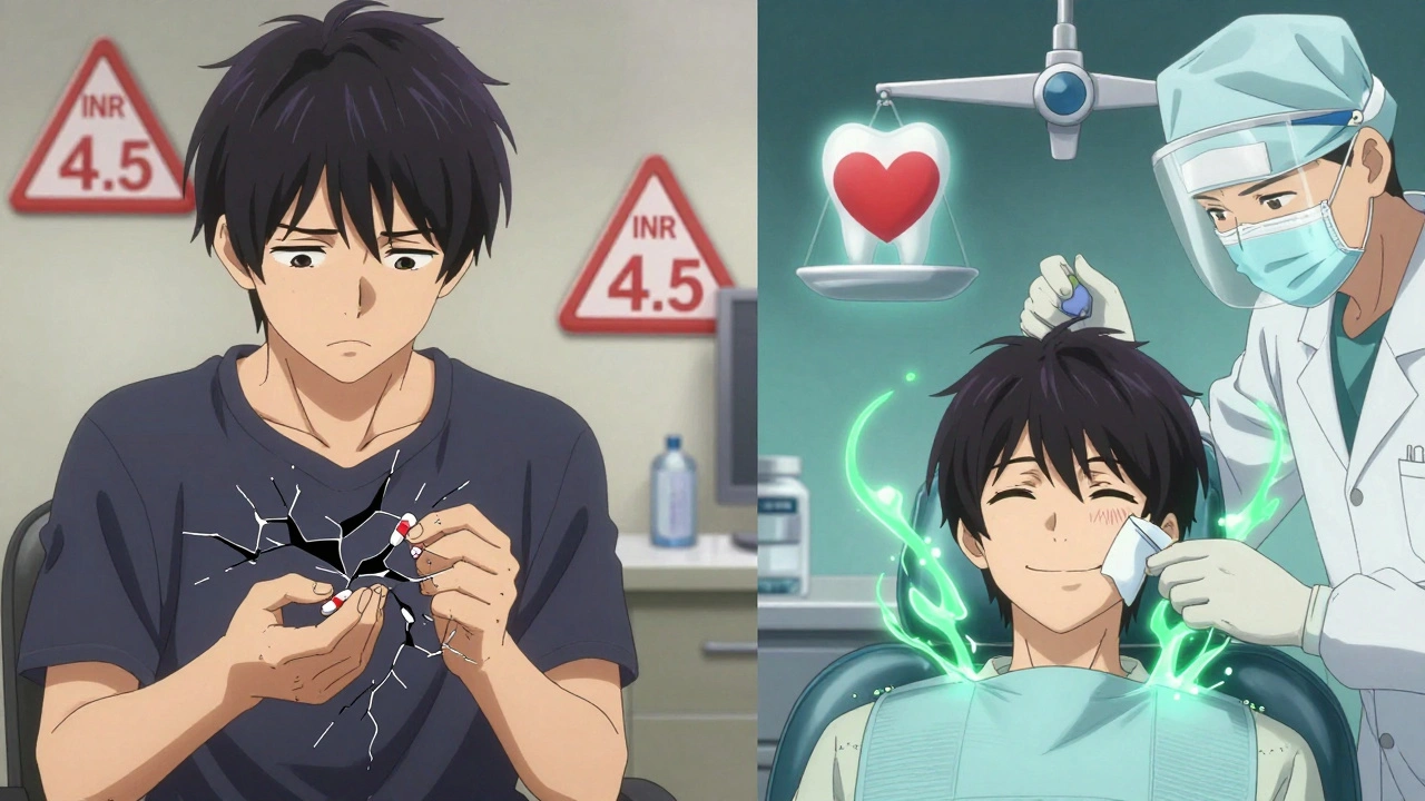 Split scene showing a patient’s fear turning to calm as dental hemostasis techniques neutralize bleeding risks without stopping medication.