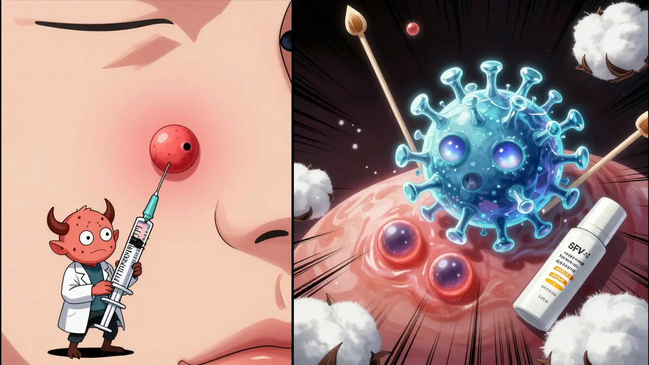 Split scene showing a pimple with a demon and a cold sore guarded by a virus spirit.