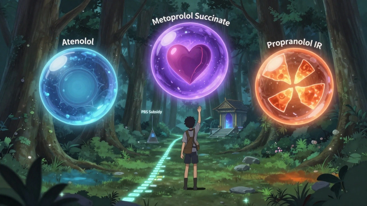 Three mystical orbs representing beta blockers float in a forest, with a traveler choosing the balanced purple one.