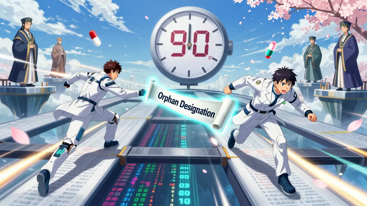 Two biotech teams racing across a data-based obstacle course to win FDA orphan designation, with a 90-day countdown above them.