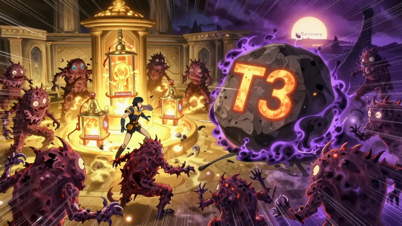 A battlefield of inflammation monsters blocking T4 from becoming T3, with a rising sun of recovery in the distance.