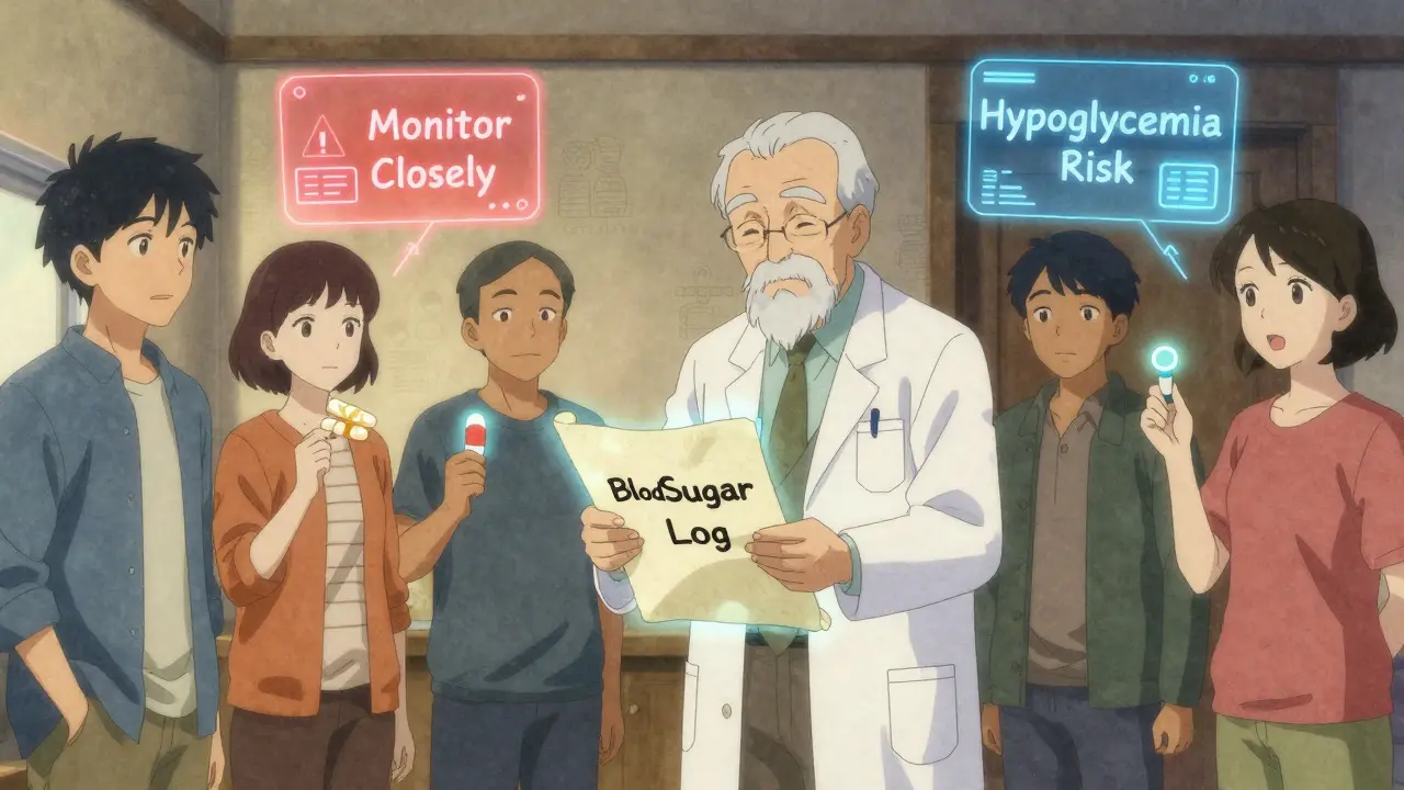 A doctor presents a blood sugar log to patients, with holograms warning of risks from different pill types.