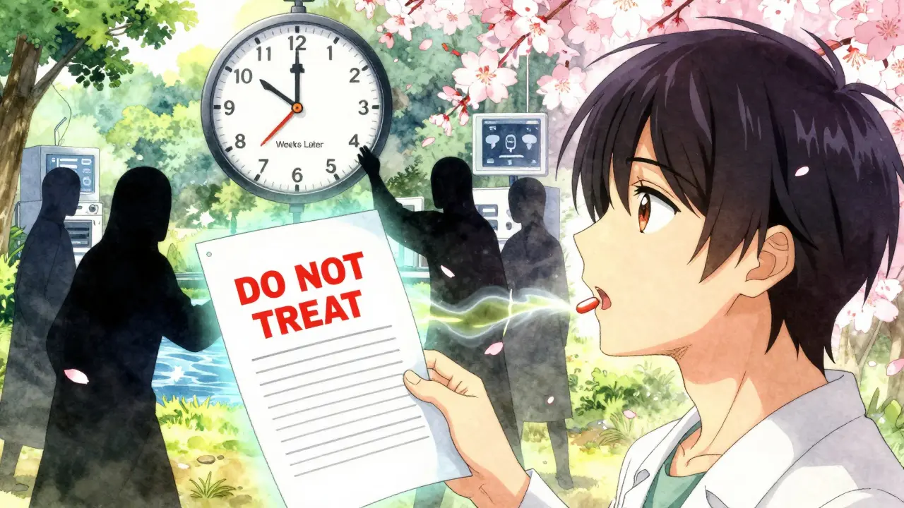 A doctor trying to give thyroid pills to a patient glowing with natural healing energy, as a clock ticks toward recovery.