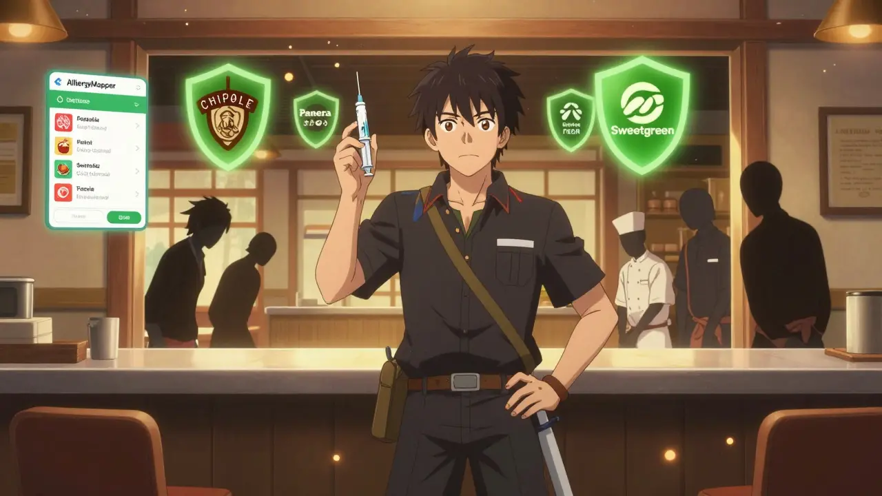 A hero holding an epinephrine injector as safe restaurants glow behind them in a portal.