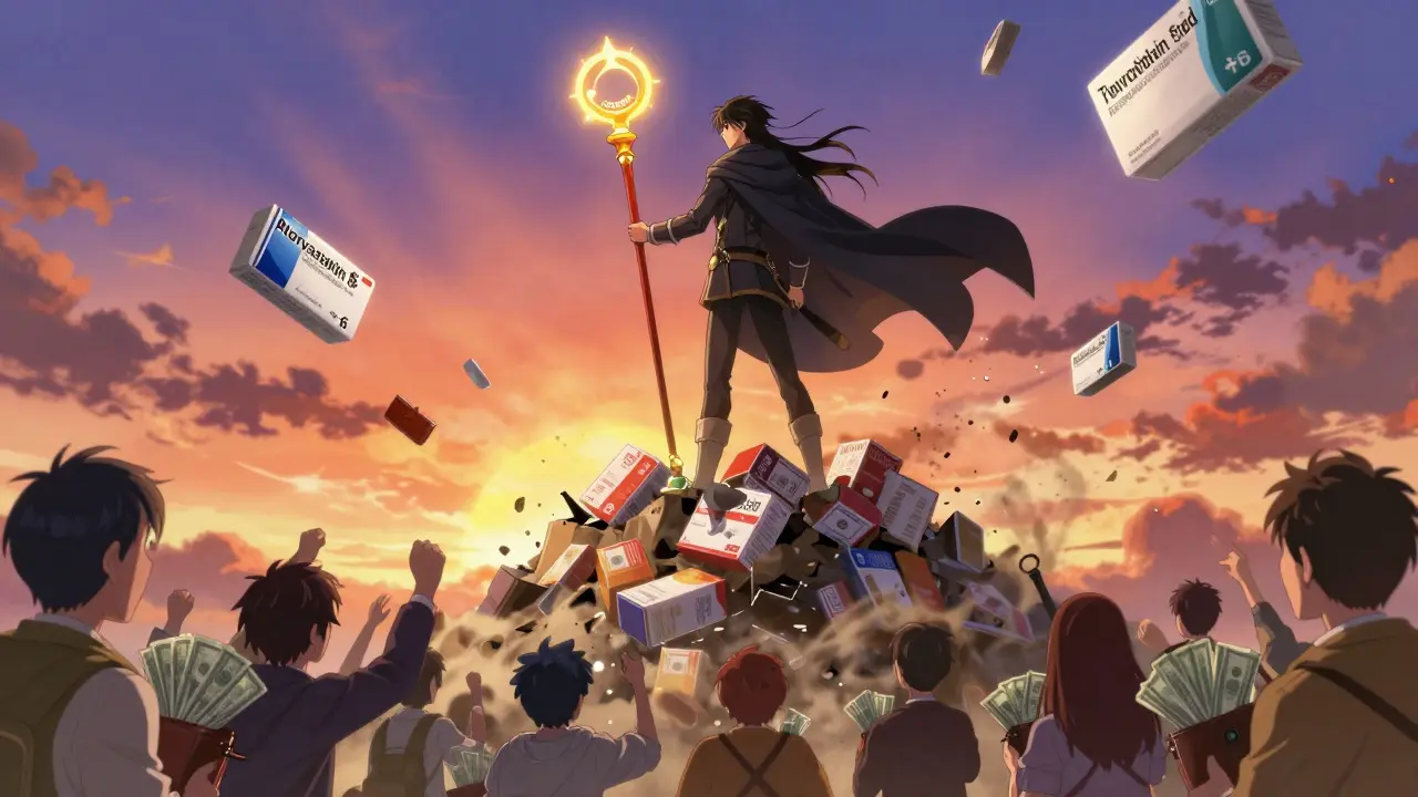 A hero standing on a pile of broken brand-name drug boxes, with cheap generics glowing in the sky above a joyful crowd.