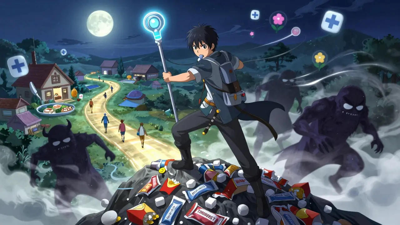 A hero with a CPAP staff stands atop junk food mountains as three dark monsters retreat, with a healthy village in the distance.