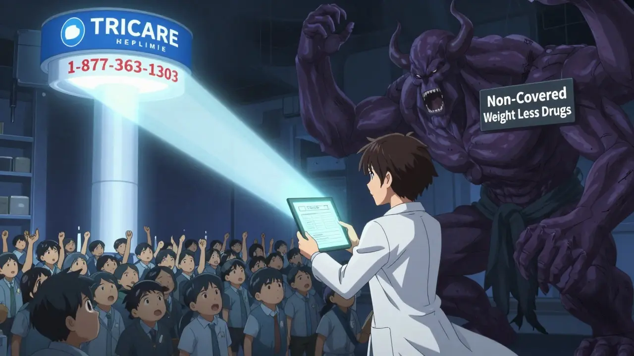 A heroic pharmacist battles a villain representing excluded weight loss drugs, with TRICARE helpline light restoring access.