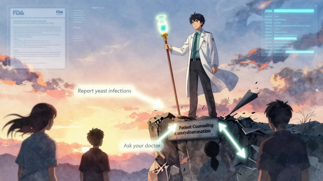 A heroic pharmacist guides confused patients with glowing safety instructions in a fantasy landscape.