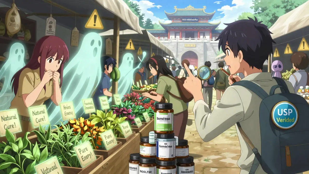A marketplace where people ingest unsafe supplements, while a hero with a verified badge points to a knowledge temple.