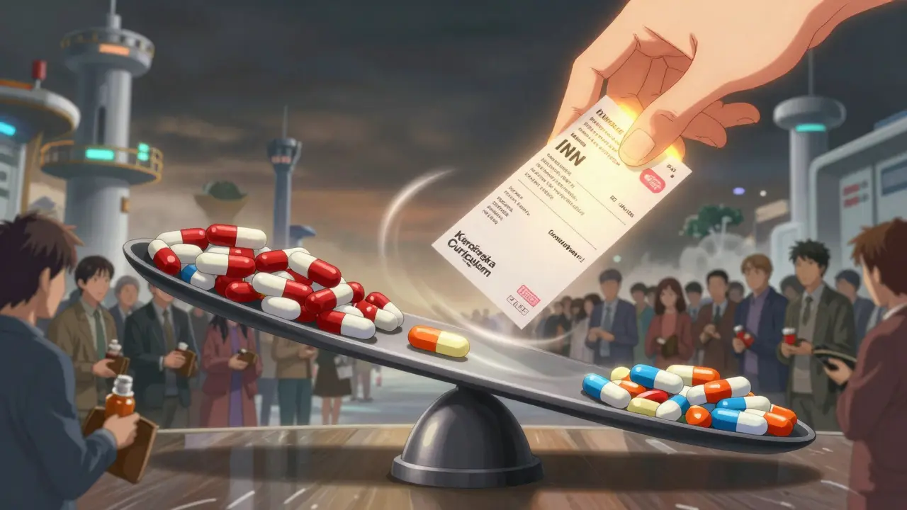 A massive scale tipping toward generic drugs as a prescription pad falls, with patients in the background.