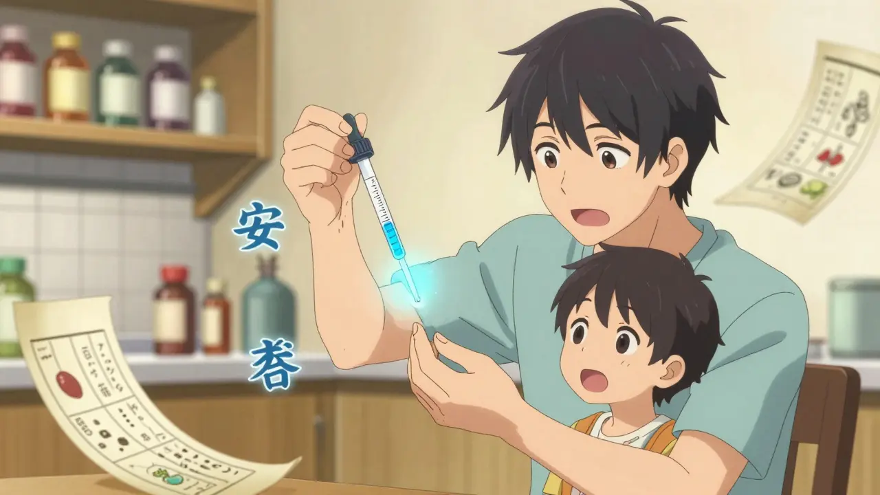 A parent and child use a glowing dropper that lights up at the correct dose, surrounded by floating safety symbols.