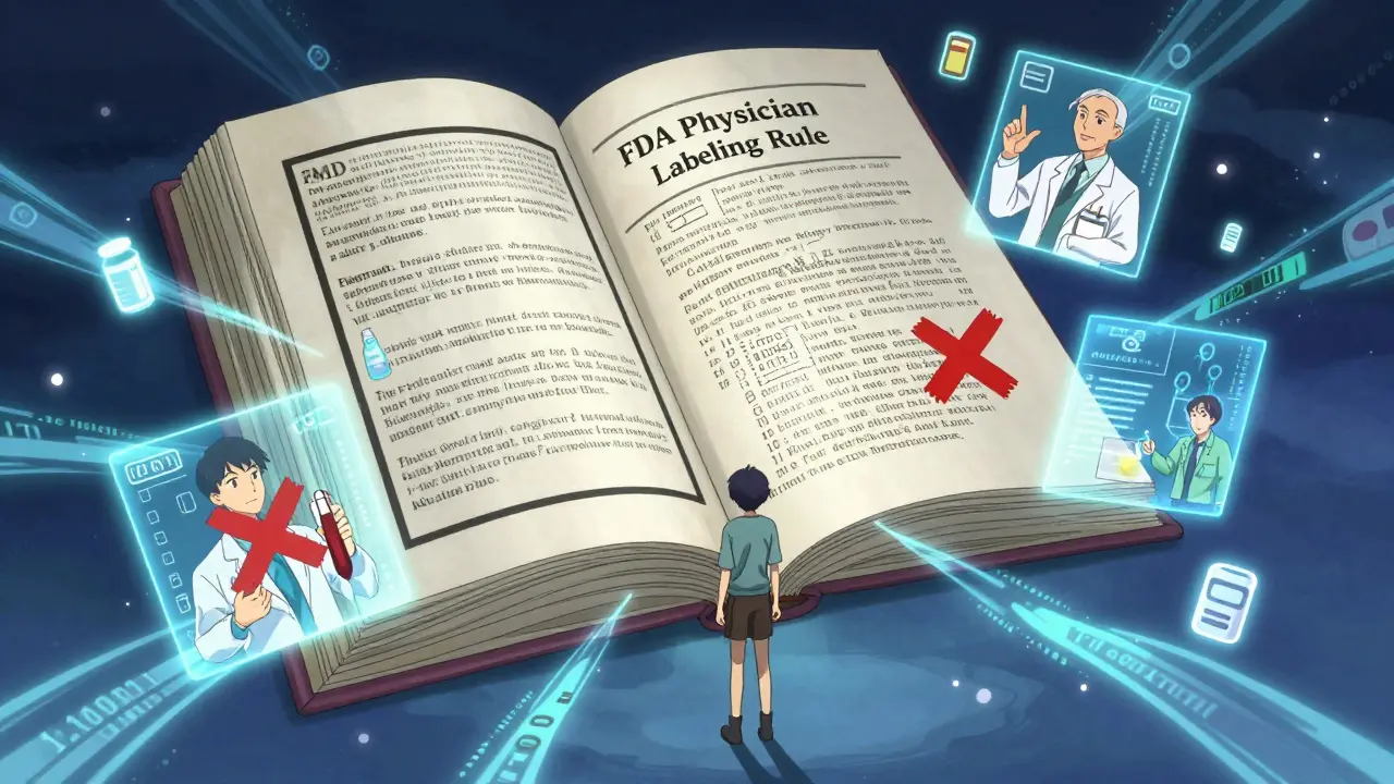 A patient faces a giant floating FDA label book with flashing warnings and data streams.