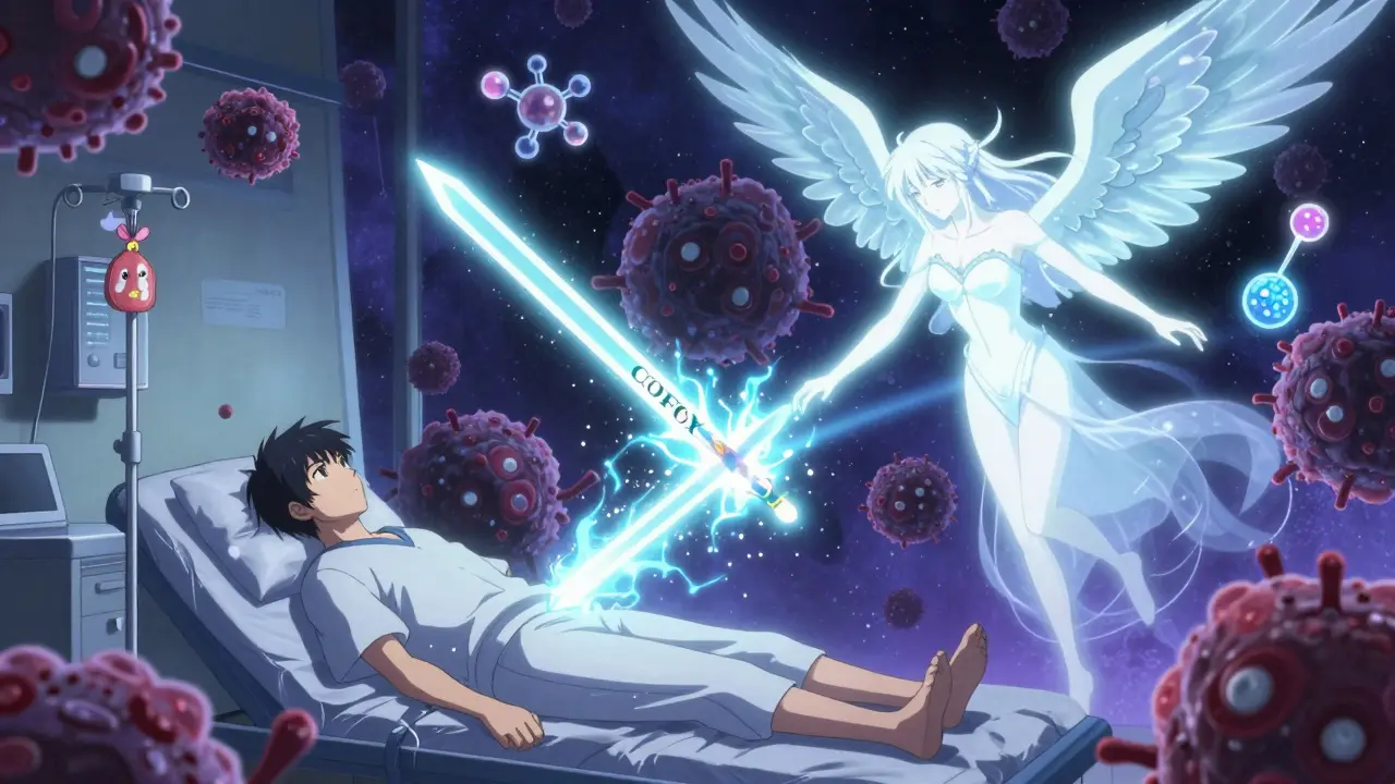 A patient in a glowing chemotherapy room battling tumor monsters with energy swords and healing light.