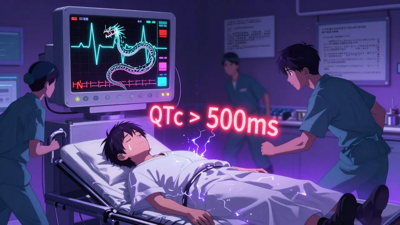 A patient in an ER with a giant ECG monitor showing a twisted, elongated heart rhythm, glowing red warnings in the air.