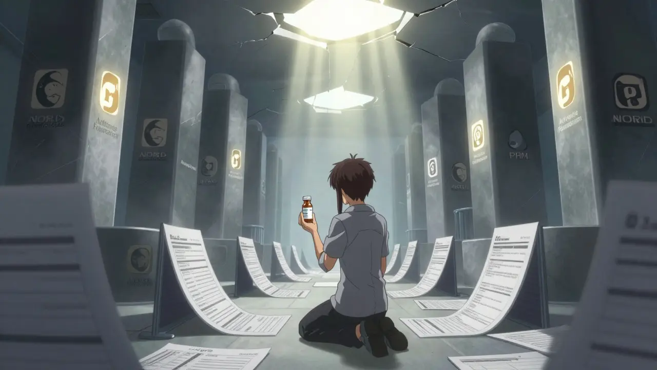 A patient kneels in a maze of paperwork, towering corporate figures loom, a single drug vial glows as hope in the darkness.