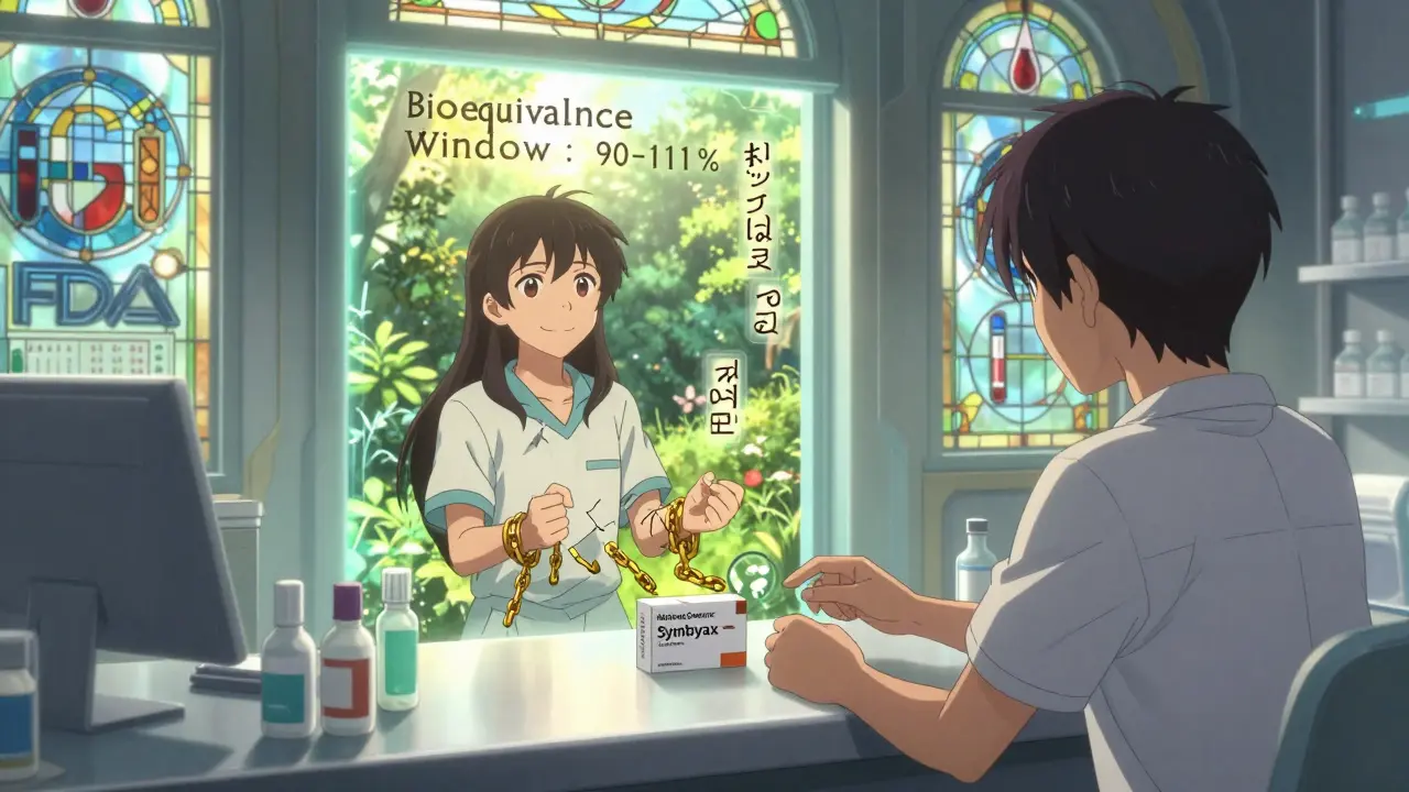 A patient reaching for an authorized generic pill as a glowing portal shows their former stable self in a peaceful garden, with medical symbols floating nearby.