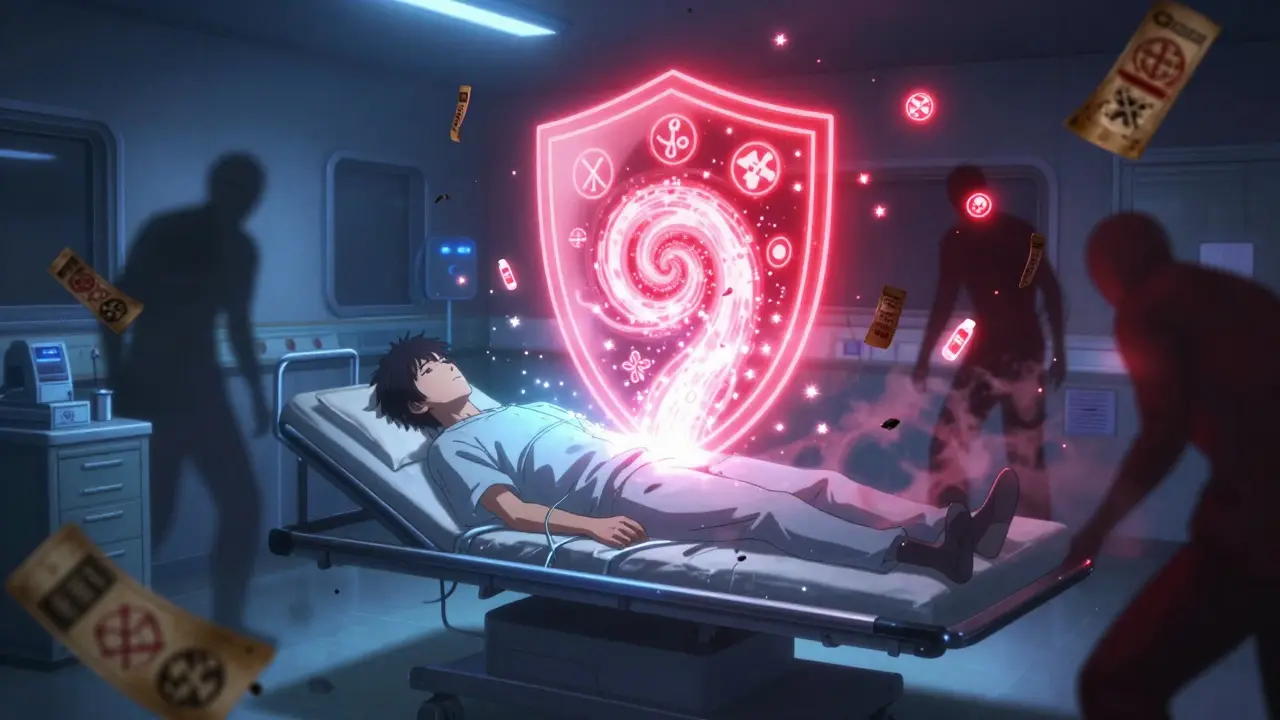 A patient receiving penicillin as starlight doses form a protective shield, while outdated allergy labels crumble into ash.