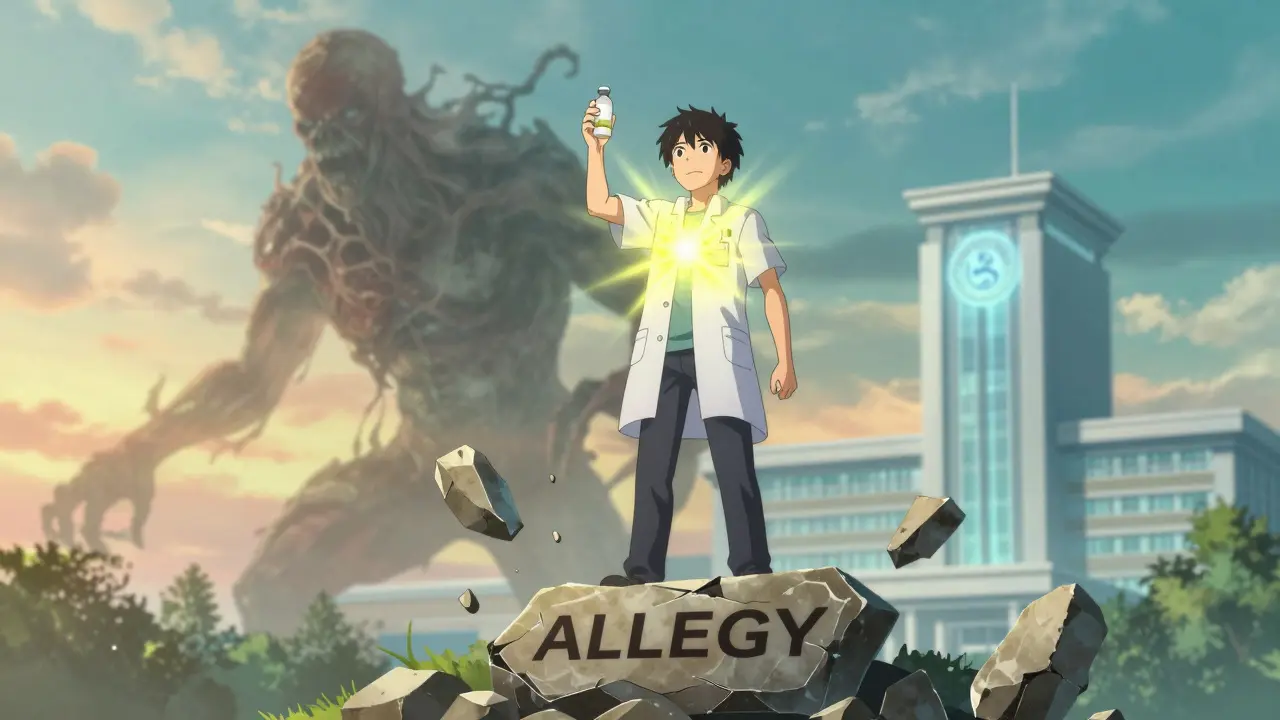 A patient standing triumphantly on a broken allergy tablet, holding a glowing vial as their former reaction fades into mist.