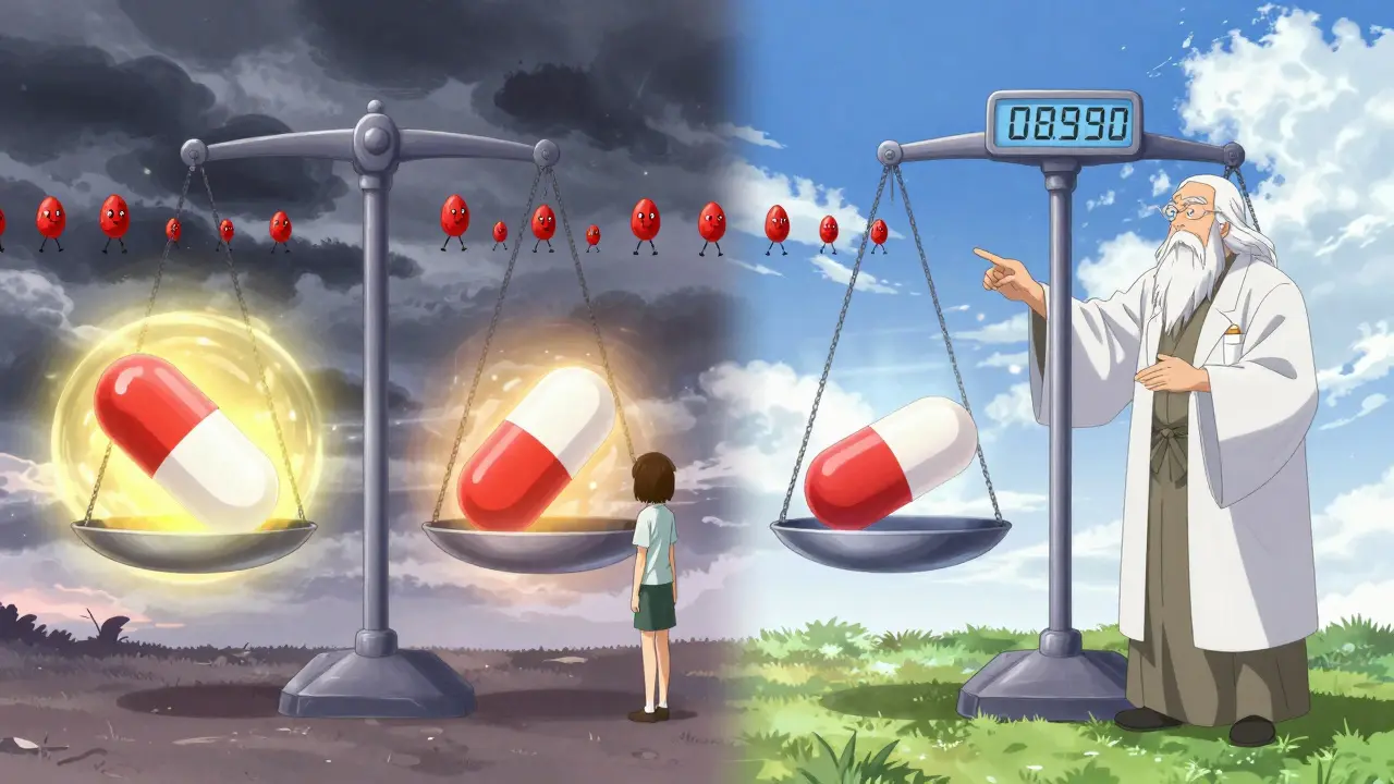 A patient stands between two worlds of pills, with a pharmacist balancing their energy on a magical scale.