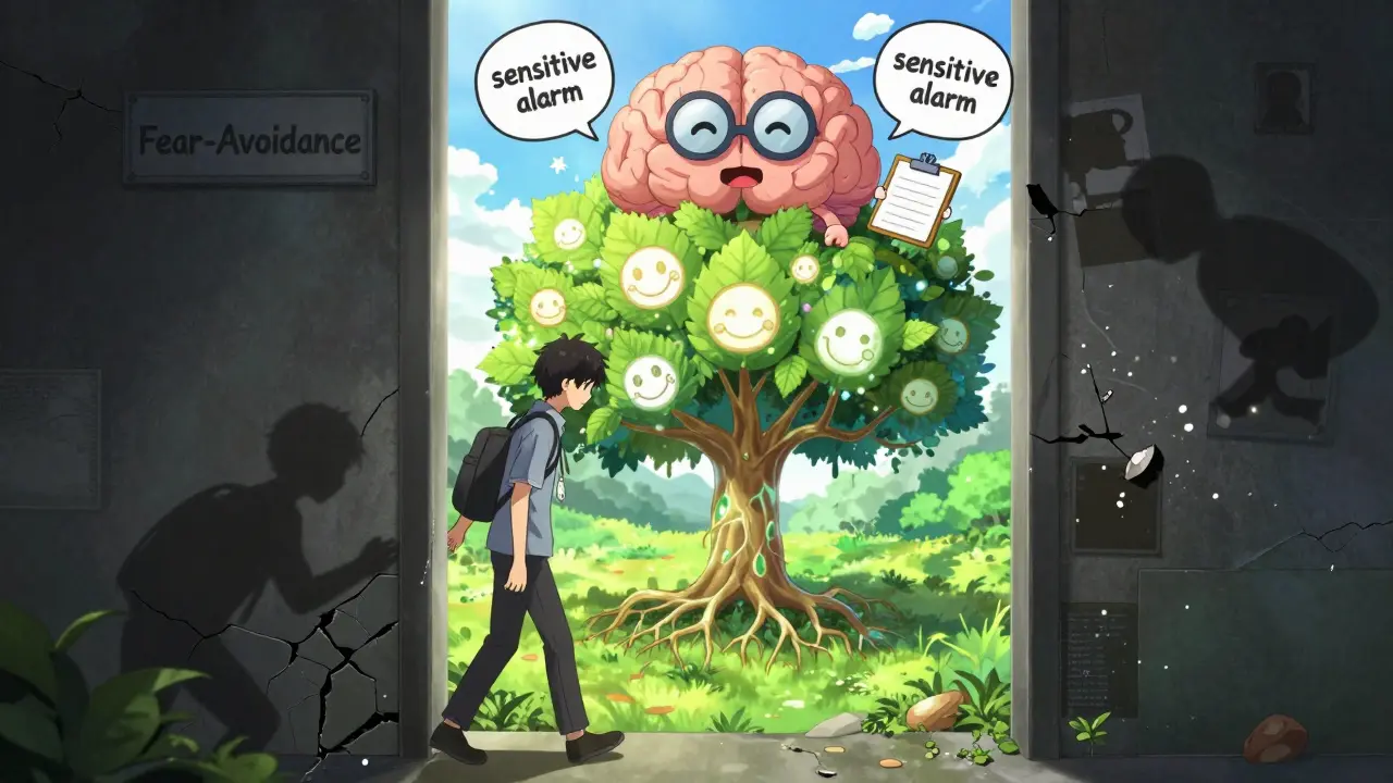 A patient steps from a dark hallway into a sunlit garden where their body is a thriving tree with neuron roots and smiling leaf faces.