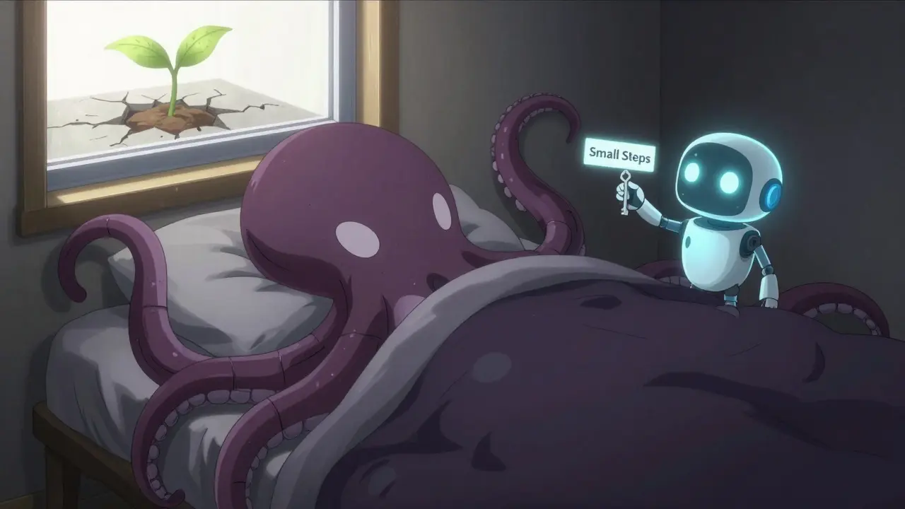 A person under a shadowy blanket is offered a key by a glowing robot companion, as a small plant grows outside.