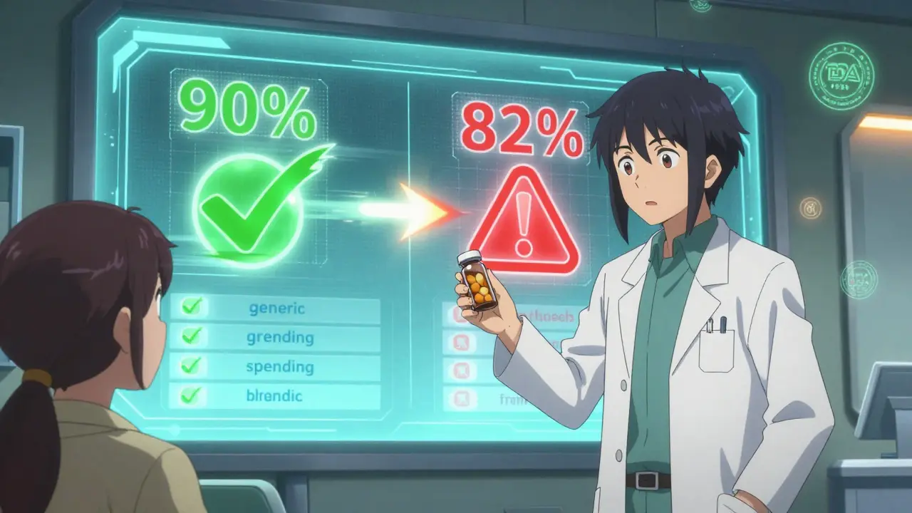 A pharmacist giving a generic pill to a customer while holographic charts show drug cost disparities behind them.